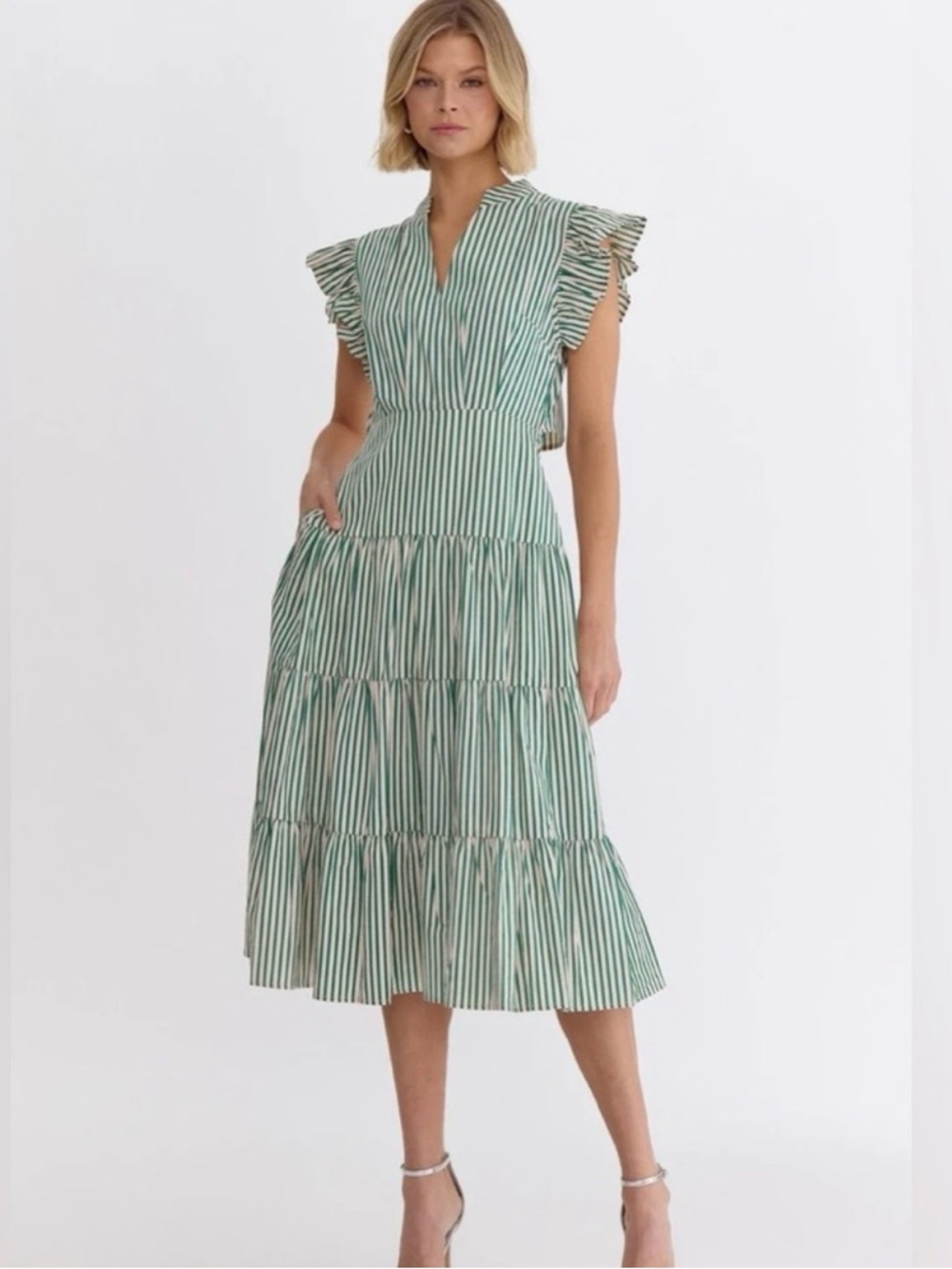 ENTRO Green & White Striped Maxi Dress with ruffle sleeves Size Medium NWT